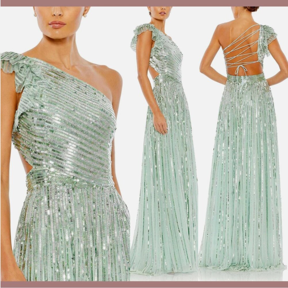 NWT $598 Mac Duggal [ 4 ] Sequined One Shoulder A Line Gown Pistachio Q680‎